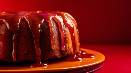 Close-Up Photography of a perfectly round Apple Caramel Cake against a bright red backgroundの素材