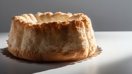Close-Up Photography of a perfectly round Angel Food Cake against a bright white backgroundの素材