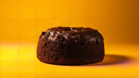 Close-Up Photography of a perfectly round Chocolate Velvet Cake against a bright yellow backgroundの素材