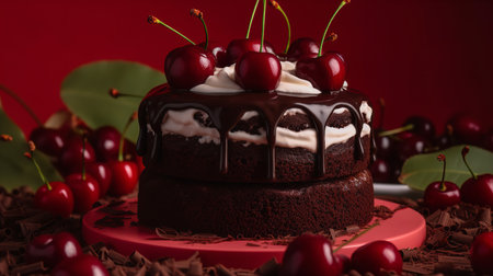 Close-Up Photography of a perfectly round Black Forest Cake against a bright cherry-red backgroundの素材