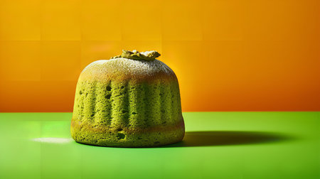 Close-Up Photography of a perfectly round Matcha Cake against a bright green backgroundの素材
