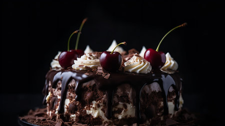 Close-Up Photography of a perfectly round Black Forest Cake against a bright black backgroundの素材
