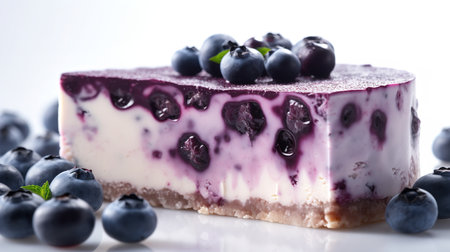 Close-Up Photography of a perfectly round Blueberry Cheesecake against a bright white backgroundの素材