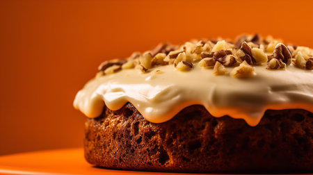 Close-Up Photography of a perfectly round Carrot Cake against a bright orange backgroundの素材