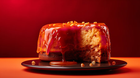 Close-Up Photography of a perfectly round Apple Caramel Cake against a bright red backgroundの素材