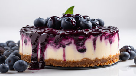 Close-Up Photography of a perfectly round Blueberry Cheesecake against a bright white backgroundの素材