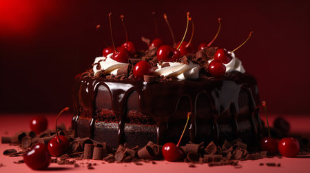 Close-Up Photography of a perfectly round Black Forest Cake against a bright cherry-red backgroundの素材