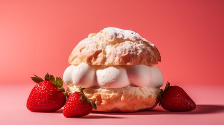 Close-Up Photography of a perfectly round Strawberry Shortcake against a bright pink backgroundの素材