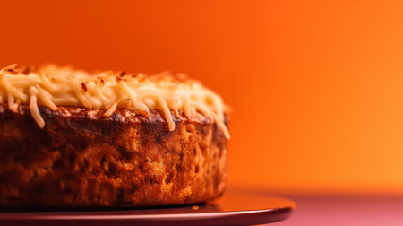 Close-Up Photography of a perfectly round Carrot Cake against a bright orange backgroundの素材