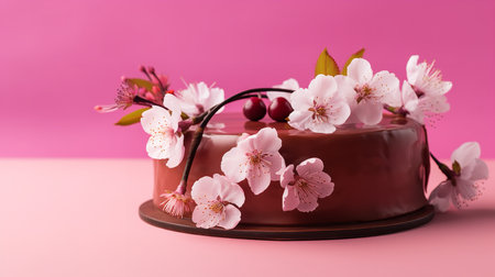Close-Up Photography of a perfectly round Cherry Blossom Cake against a bright pink backgroundの素材