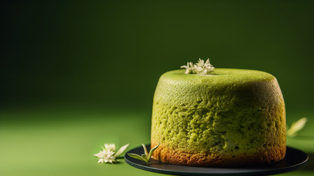 Close-Up Photography of a perfectly round Matcha Cake against a bright green backgroundの素材