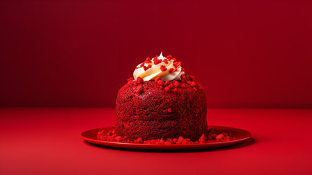 Close-Up Photography of a perfectly round Red Velvet Cake against a bright red backgroundの素材