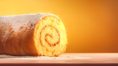 Close-Up Photography of a perfectly round Swiss Roll Cake against a bright cream backgroundの素材