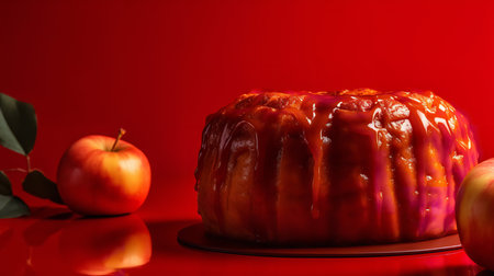 Close-Up Photography of a perfectly round Apple Caramel Cake against a bright red backgroundの素材