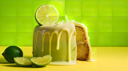 Close-Up Photography of a perfectly round Key Lime Cake against a bright lime-colored backgroundの素材