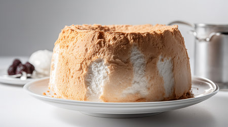 Close-Up Photography of a perfectly round Angel Food Cake against a bright white backgroundの素材