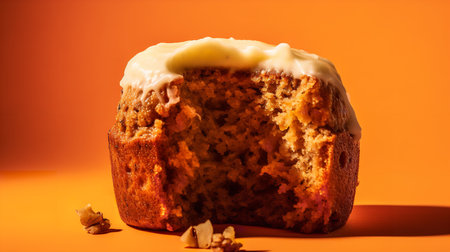 Close-Up Photography of a perfectly round Carrot Cake against a bright orange backgroundの素材