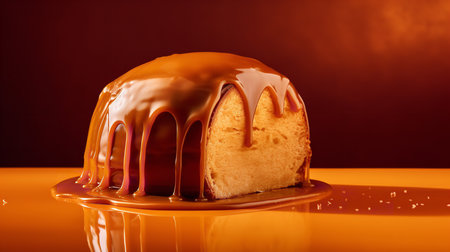 Close-Up Photography of a perfectly round Dulce De Leche Cake against a bright caramel backgroundの素材