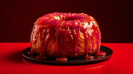 Close-Up Photography of a perfectly round Apple Caramel Cake against a bright red backgroundの素材