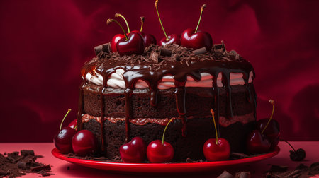 Close-Up Photography of a perfectly round Black Forest Cake against a bright cherry-red backgroundの素材