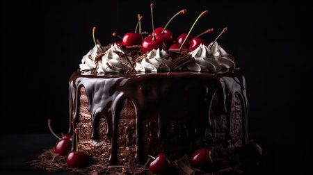 Close-Up Photography of a perfectly round Black Forest Cake against a bright black backgroundの素材