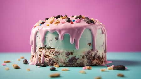 Close-Up Photography of a perfectly round Ice Cream Cake against a bright pastel backgroundの素材