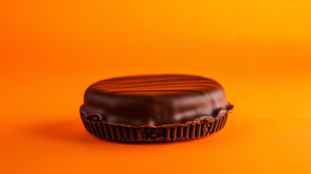 Close-Up Photography of a perfectly round Jaffa Cake against a bright orange backgroundの素材