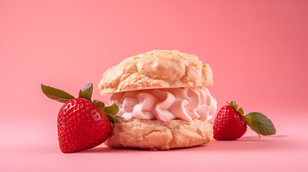 Close-Up Photography of a perfectly round Strawberry Shortcake against a bright pink backgroundの素材