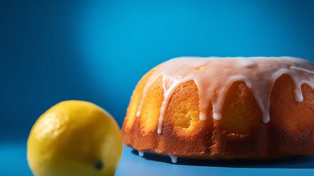 Close-Up Photography of a perfectly round Lemon Drizzle Cake against a bright blue backgroundの素材