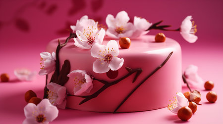 Close-Up Photography of a perfectly round Cherry Blossom Cake against a bright pink backgroundの素材