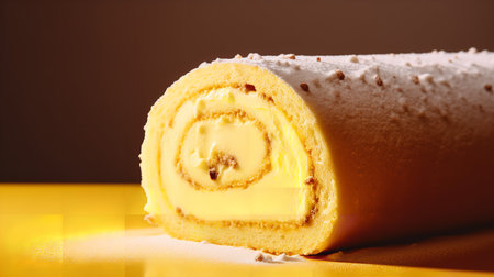 Close-Up Photography of a perfectly round Swiss Roll Cake against a bright cream backgroundの素材