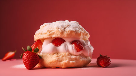 Close-Up Photography of a perfectly round Strawberry Shortcake against a bright pink backgroundの素材