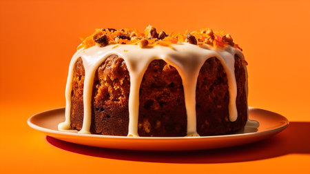 Close-Up Photography of a perfectly round Carrot Cake against a bright orange backgroundの素材