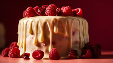 Close-Up Photography of a perfectly round White Chocolate Raspberry Cake against a bright white and red backgroundの素材