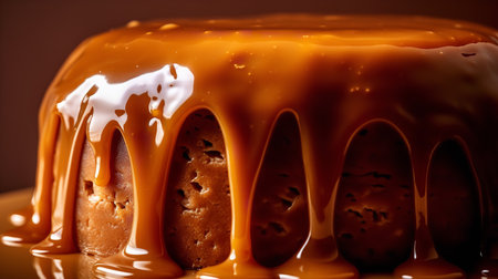 Close-Up Photography of a perfectly round Dulce De Leche Cake against a bright caramel backgroundの素材