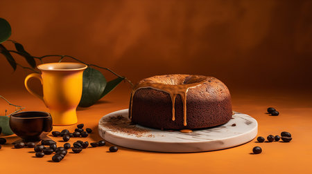 Close-Up Photography of a perfectly round Espresso Cake against a bright coffee-colored backgroundの素材