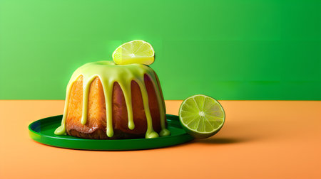 Close-Up Photography of a perfectly round Key Lime Cake against a bright lime-colored backgroundの素材
