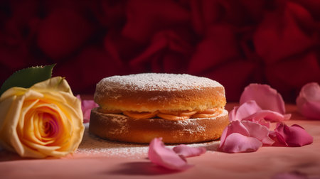 Close-Up Photography of a perfectly round Victoria Sponge Cake against a bright rose backgroundの素材