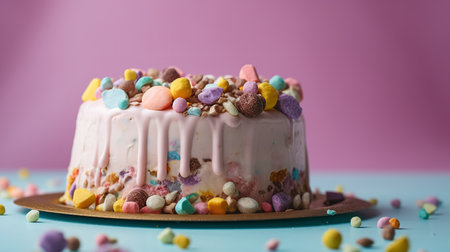 Close-Up Photography of a perfectly round Ice Cream Cake against a bright pastel backgroundの素材