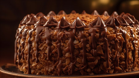 Close-Up Photography of a perfectly round German Chocolate Cake against a bright brown backgroundの素材