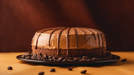 Close-Up Photography of a perfectly round Mocha Cake against a bright coffee-colored backgroundの素材