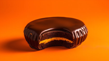 Close-Up Photography of a perfectly round Jaffa Cake against a bright orange backgroundの素材