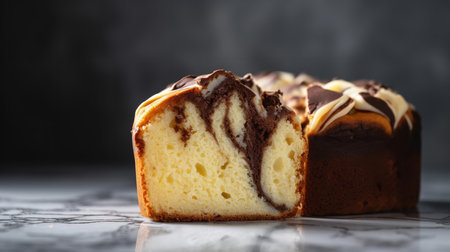 Close-Up Photography of a perfectly round Marble Cake against a bright grey backgroundの素材