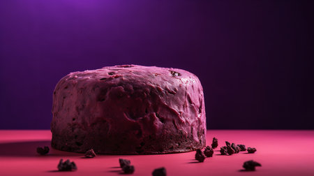 Close-Up Photography of a perfectly round Ube Cake against a bright purple backgroundの素材