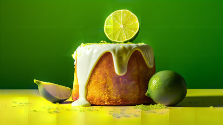 Close-Up Photography of a perfectly round Key Lime Cake against a bright lime-colored backgroundの素材