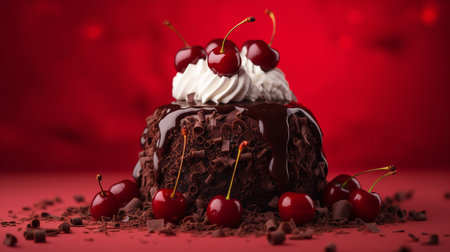Close-Up Photography of a perfectly round Black Forest Cake against a bright cherry-red backgroundの素材