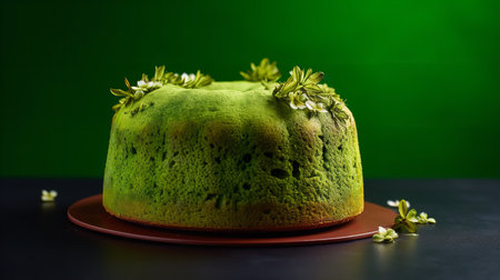 Close-Up Photography of a perfectly round Matcha Cake against a bright green backgroundの素材