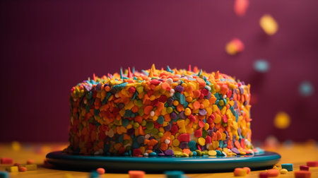 Close-Up Photography of a perfectly round Confetti Cake against a bright multicolor backgroundの素材