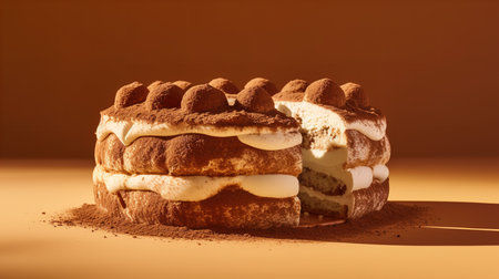 Close-Up Photography of a perfectly round Tiramisu Cake against a bright beige backgroundの素材