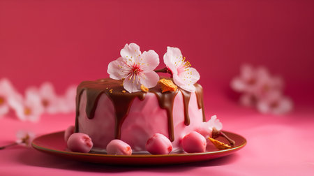 Close-Up Photography of a perfectly round Cherry Blossom Cake against a bright pink backgroundの素材